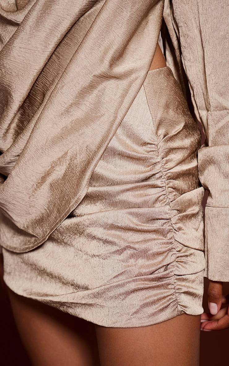 Gris Pierre Ensemble Jupe Courte Satinée Texturée Froncée