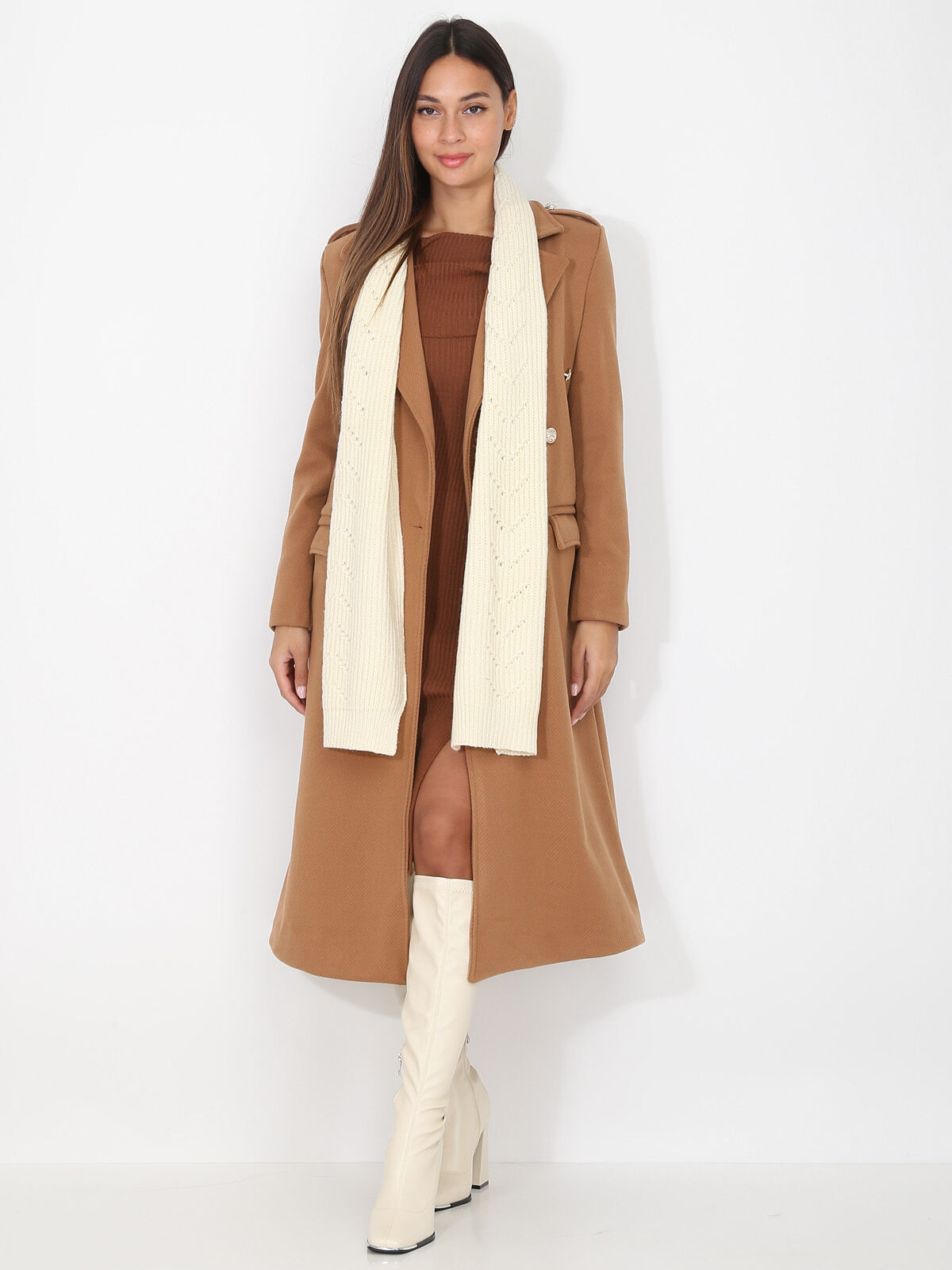Écharpe en maille épaisse et ajourée- Beige