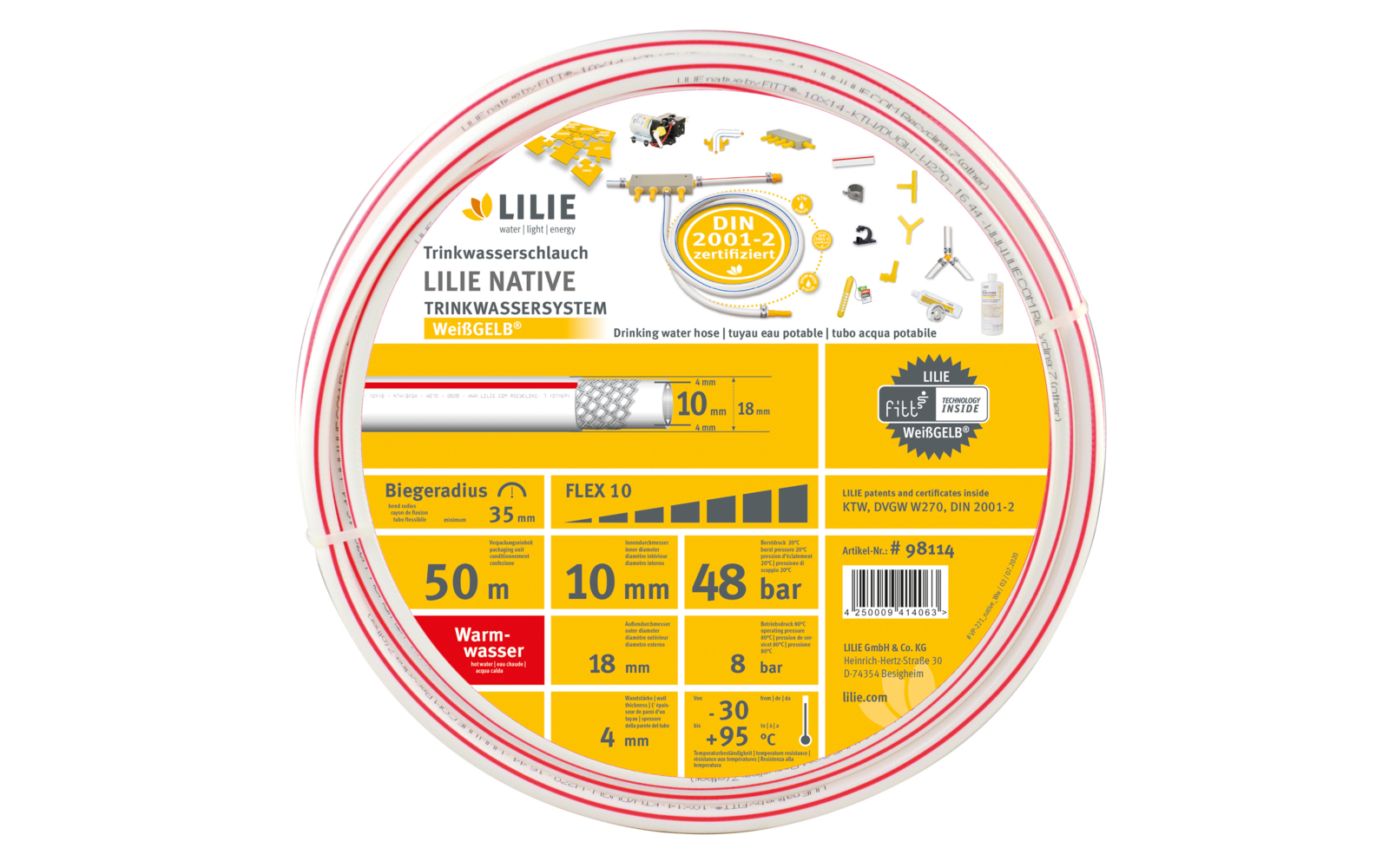 Lilie native 50m Rolle Trinkwasserschlauch 10x18mm  - warm