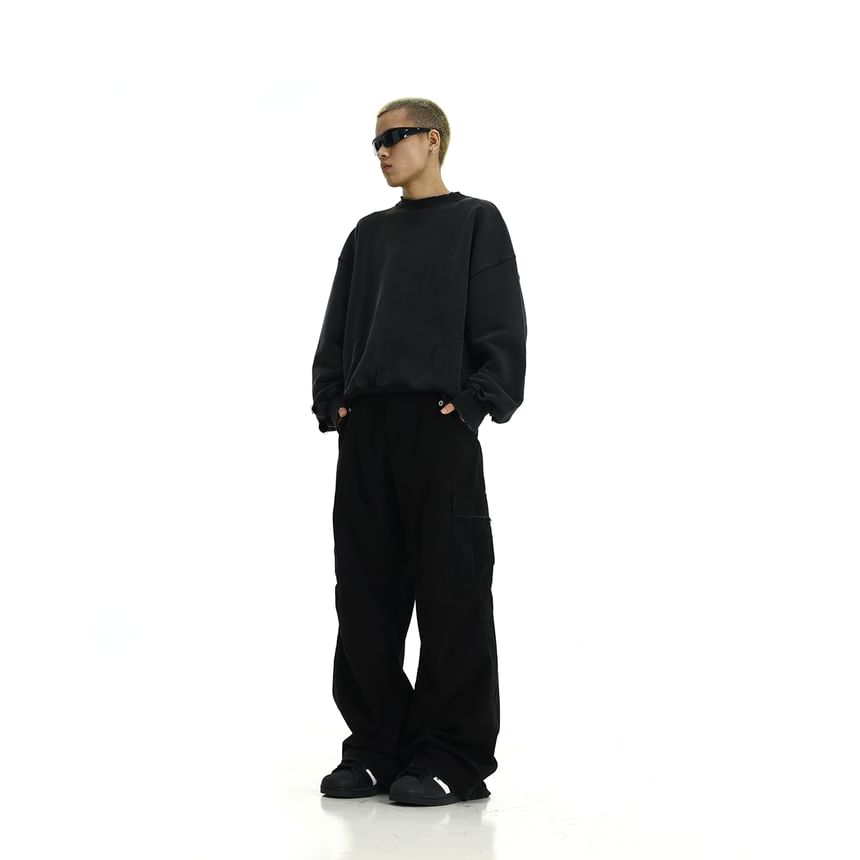 Meiksip - Mid Rise Plain Wide Leg Cargo Jeans
