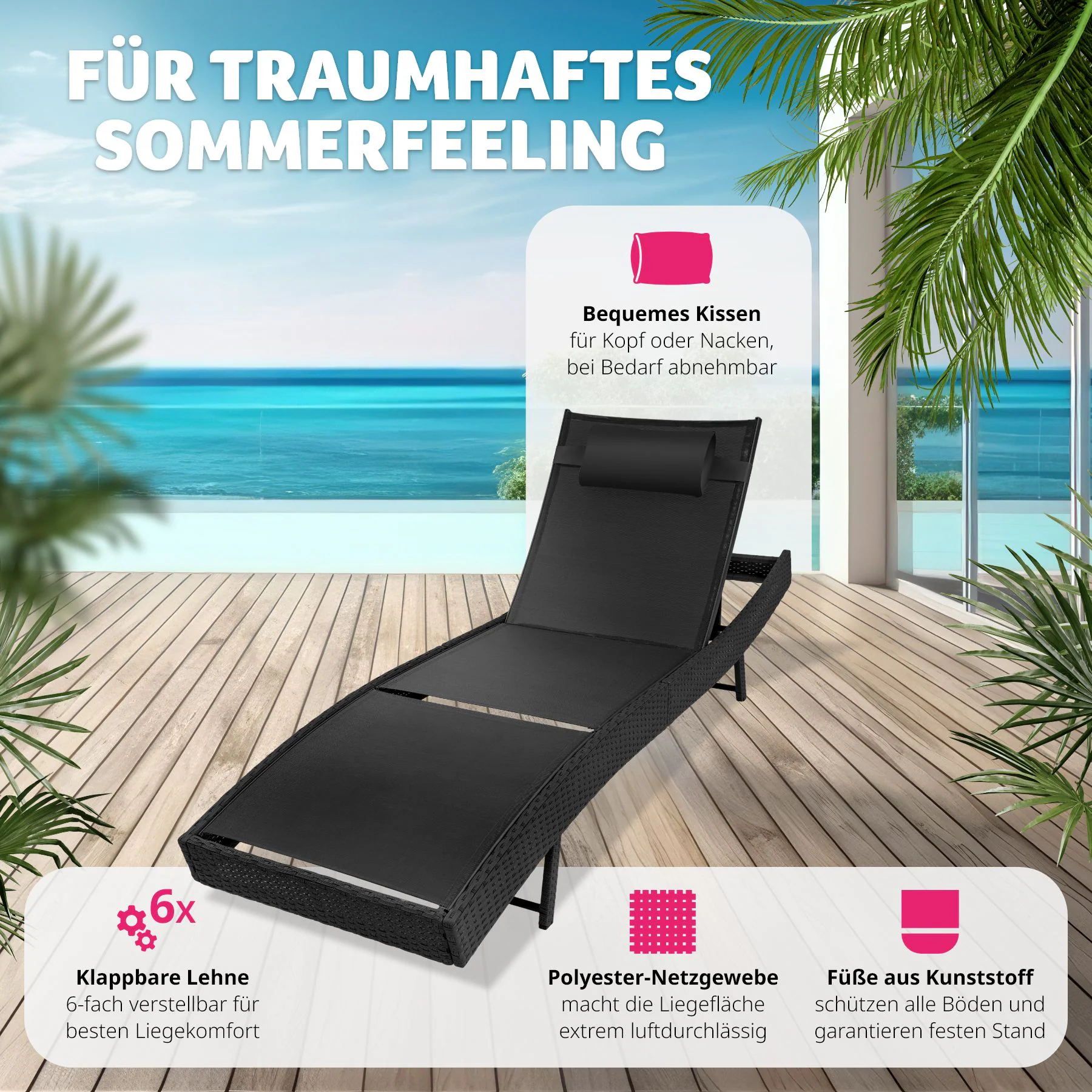 tectake® Rattan Sonnenliege, widerstandsfähig und UV-beständig, 6-fach verstellbare Rückenlehne, 69 x 211 x 41 - 94 cm