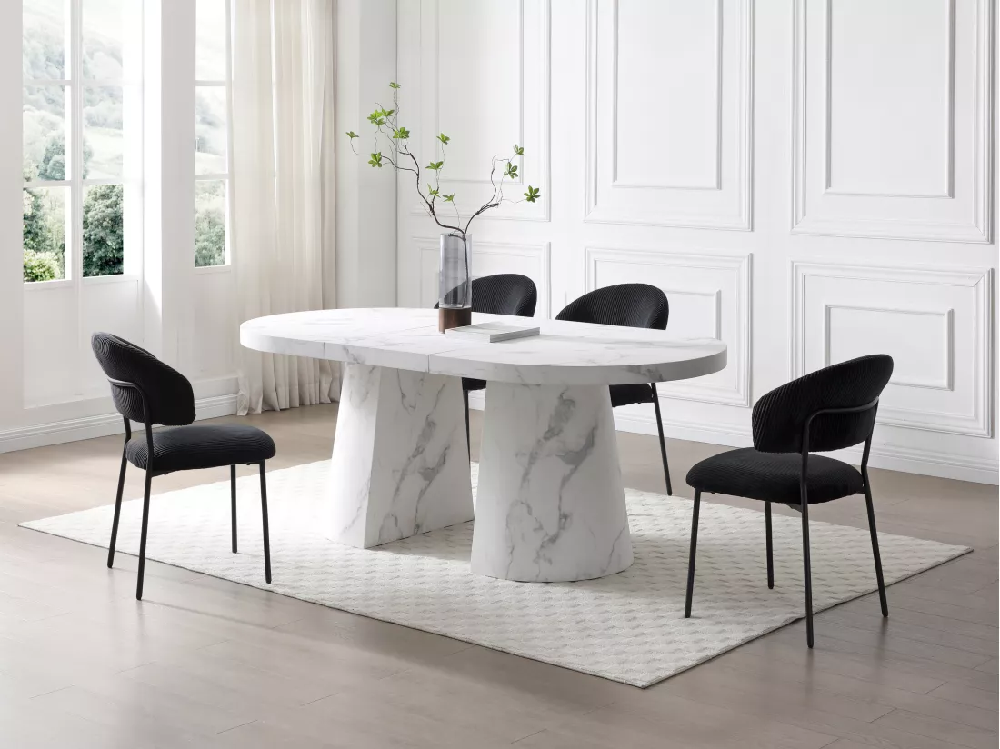 Table à manger extensible 6 à +12 personnes en MDF - Effet marbre blanc - CLOEVA