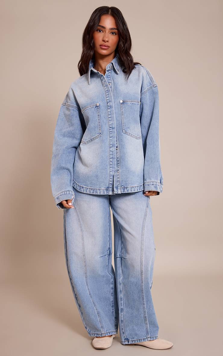 Mid Blue Wash Chemise En Jean Oversize Petite