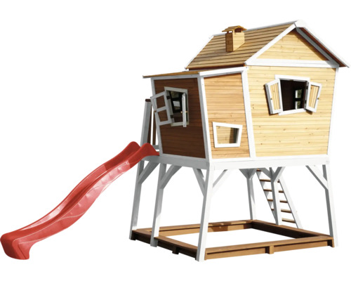 Speelhuis op stelten axi Max 432 x 193 cm, hout, bruin, inclusief rode glijbaan
