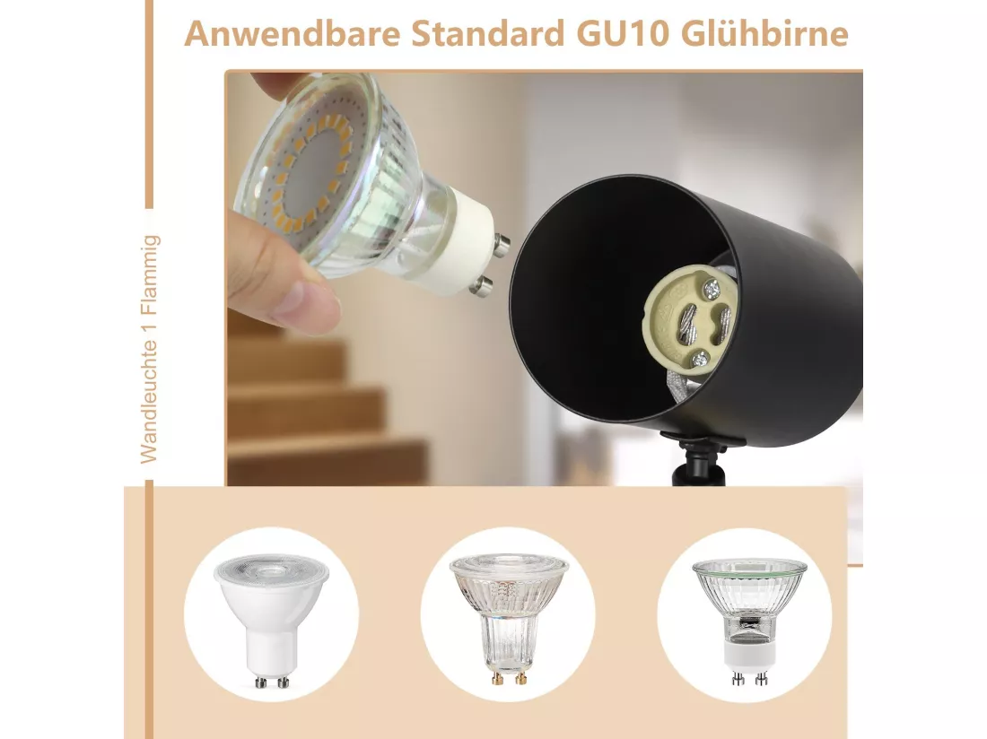 NETTLIFE Plafonnier 1 flamme Bois - Noir Plafonnier couloir Métal Rétro GU10 350°Plot de plafond pivotant Max.40W