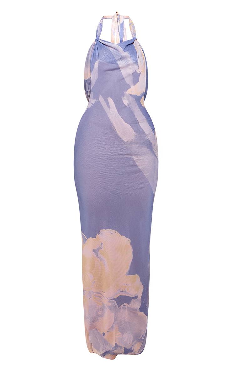 Bleu Robe Longue Imprimée Florale En Maille Avec Col Bénitier