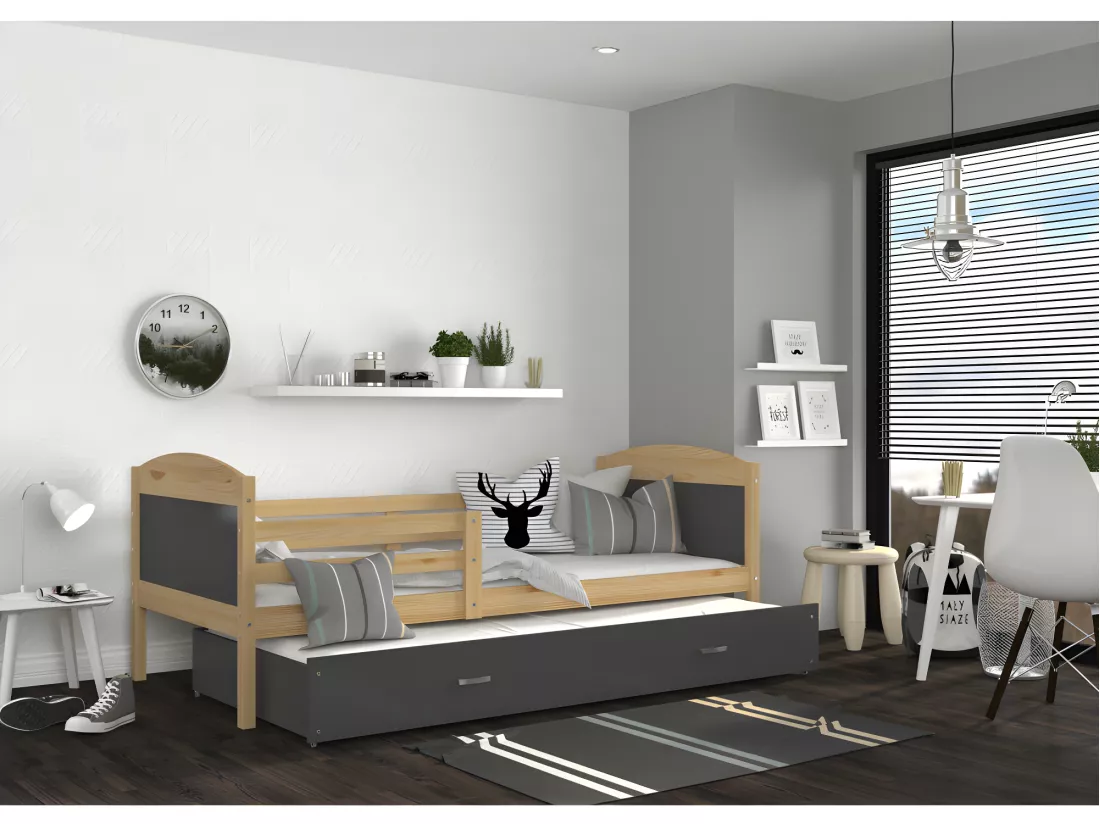 Lit Gigogne Mateo 90x190 Pin - gris Livré avec sommiers, tiroir et matelas en mousse de 7cm