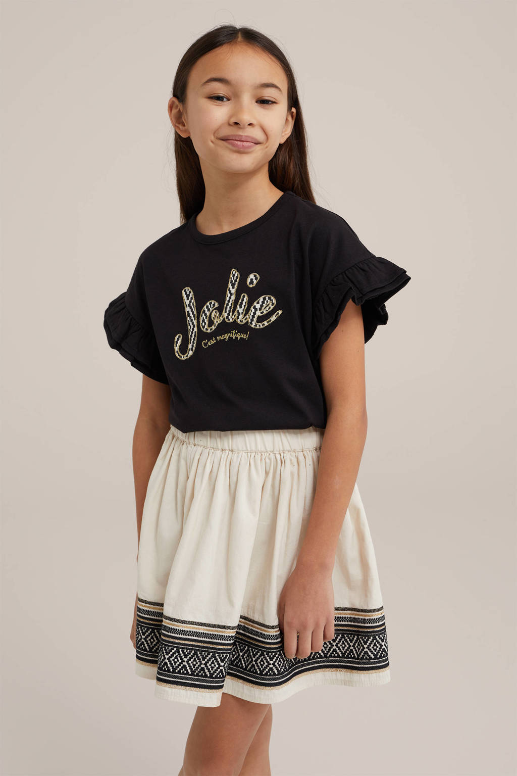 WE Fashion T-shirt met tekst en borduursels zwart