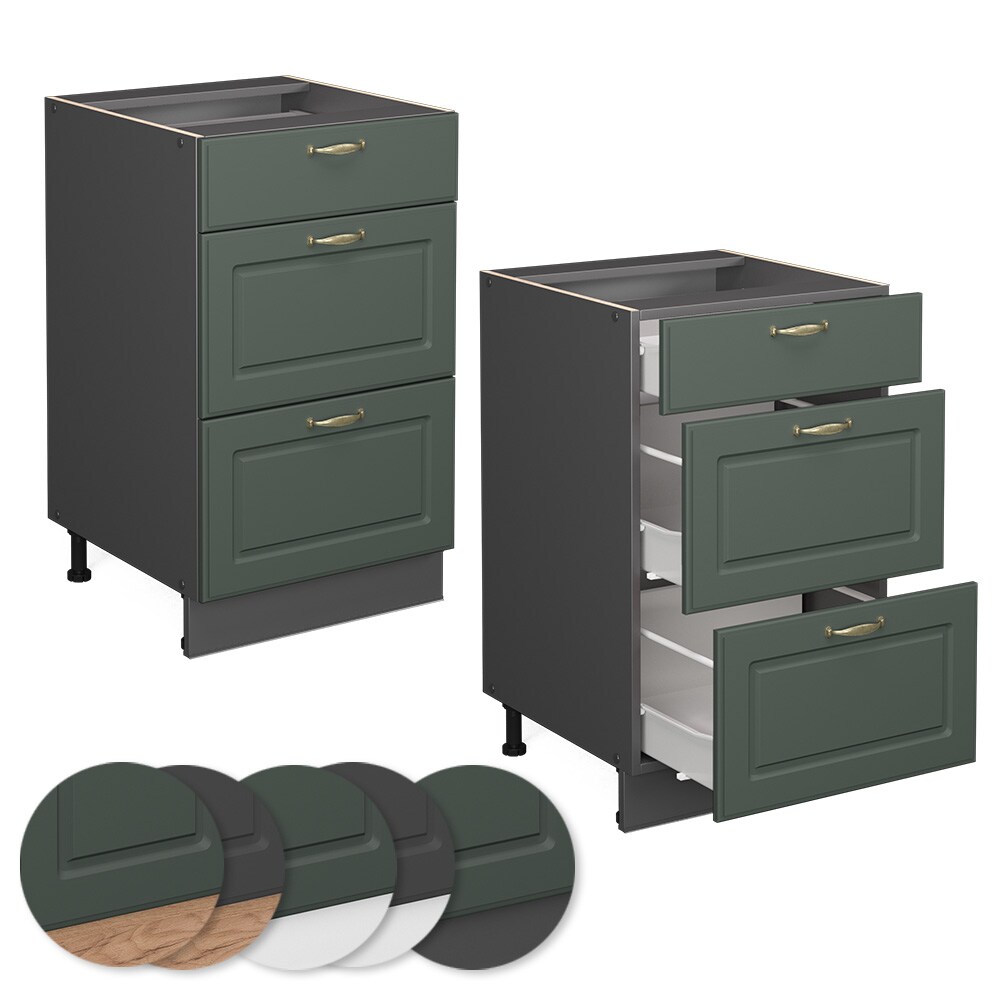 Vicco Schubunterschrank Küchenschrank Küchenmöbel Fame-Line Anthrazit Grün-Gold Landhaus 50 cm Küche Einbauküche Drehtür Blende Küchenzeile
