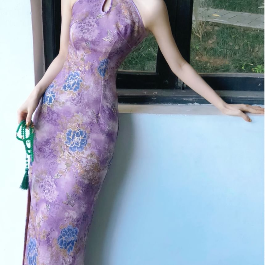 Vensazco - Traditionele Chinese halterhalskraag met bloemenprint, uitsparing en split, maxi-mantel, qipao
