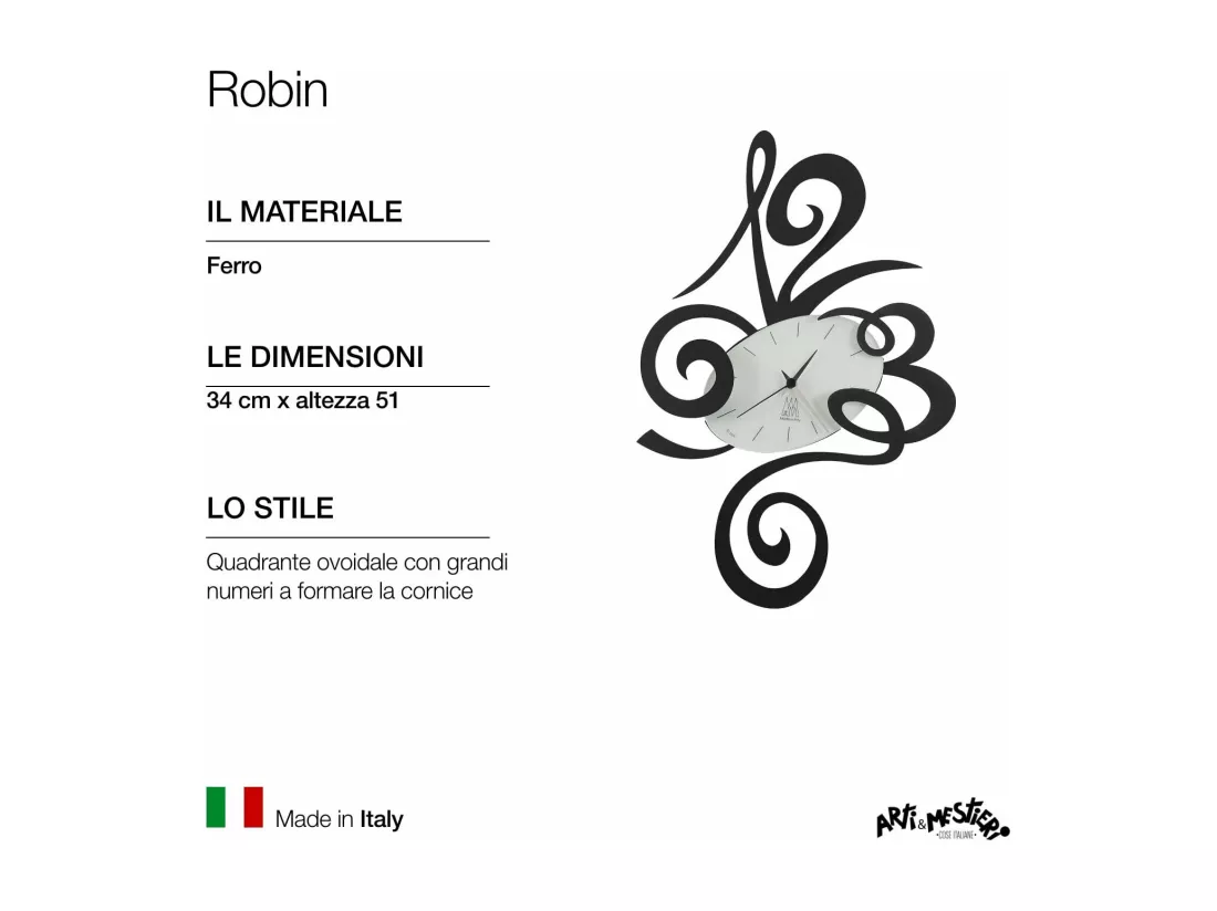 Robin Horloge Murale Moderne Noire Fabriquée en Italie en Acier, d. 45 cm, Silencieuse, Style Minimal pour Maison et Bureau