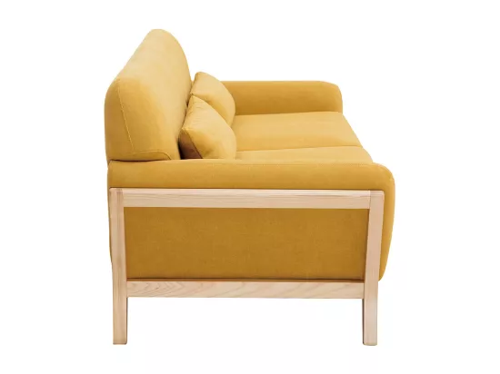 Canapé scandinave 3 places en tissu effet velours jaune moutarde et bois clair YOKO