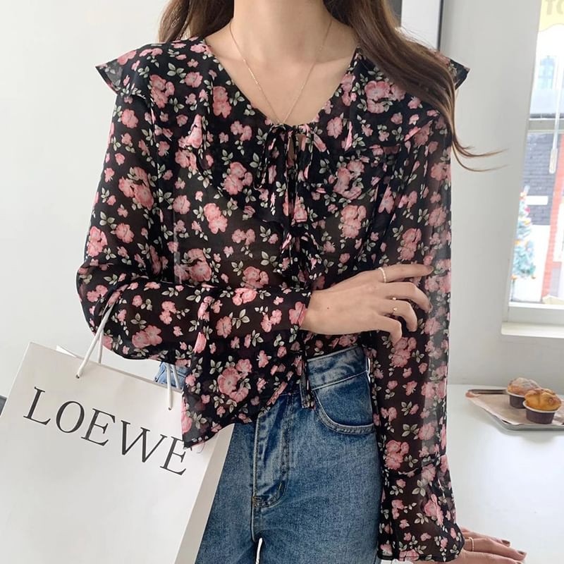 MELLO - Blouse met lange mouwen, kraag en bloemenprint en ruches