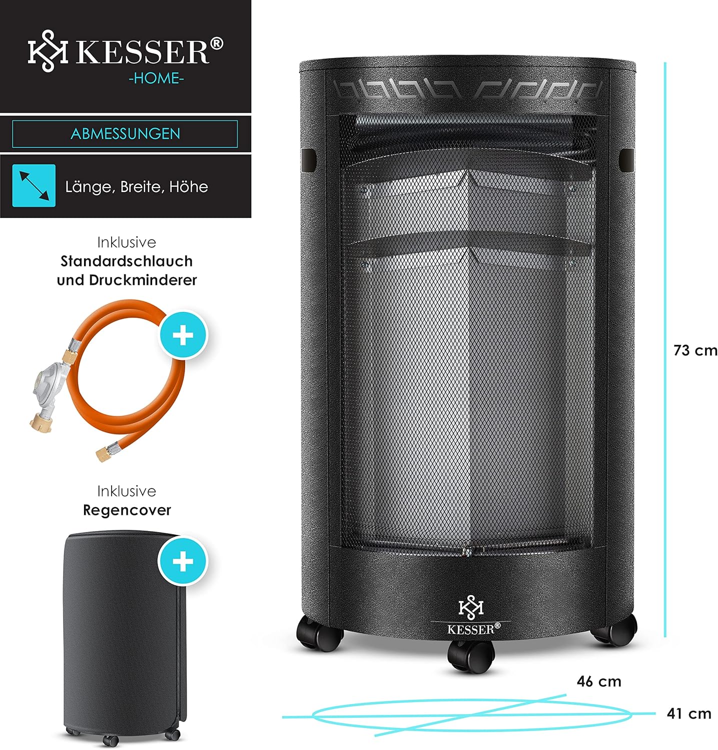KESSER® Gasheizer Keramik 4200 Watt Gas Heizstrahler inkl. Gasdruckregler Gasschlauch - Gasheizofen inkl. Schutzhülle Gasheizgerät, Infrarot Keramikbrenner, Butan- oder Propangasflaschen, Schwarz