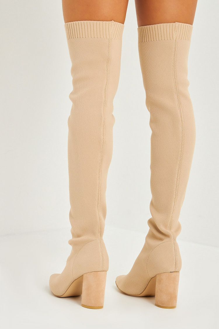 Cuissardes chaussettes beige à talons bloc