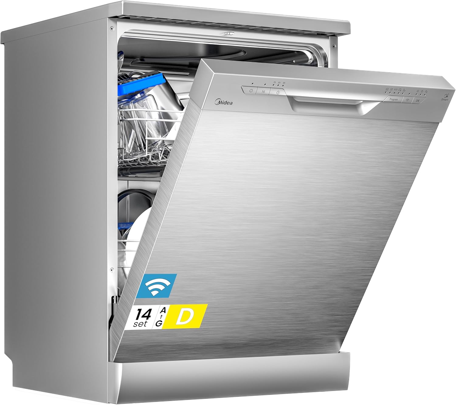 Midea Geschirrspüler 60cm Freistehend, SF 3.60N PRO Spülmaschine mit WLAN, 14 Maßgedecke, Geschirrspüler Unterbaufähig, 5 Programme, Höhenverstellbarer Oberkorb, 47 dB, Inox