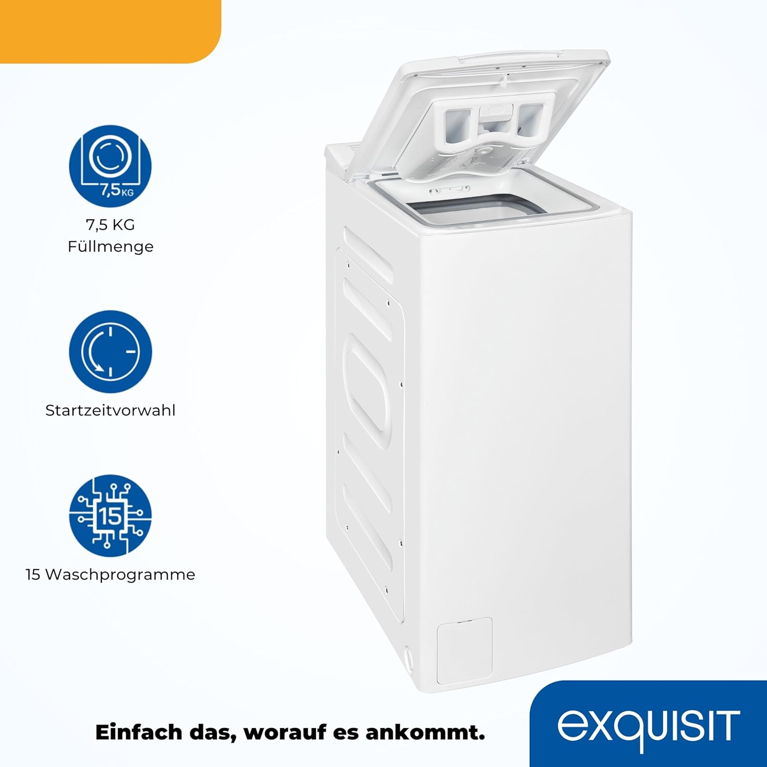 Exquisit Waschmaschine 7,5kg, Toplader, Waschmaschine schmal, Energieklasse A, 1200 U/Min, Startzeitvorwahl, Kurzprogramm, LTO1207-030A weiss