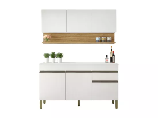 Cuisine Equipée 6 Portes 1 Tiroir Chêne et Blanc 9 Niches L 120 H 200 P 53.3 cm