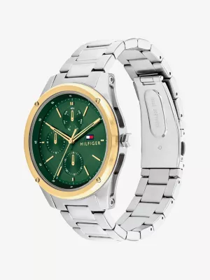 Relógio com mostrador verde e pulseira de aço inoxidável