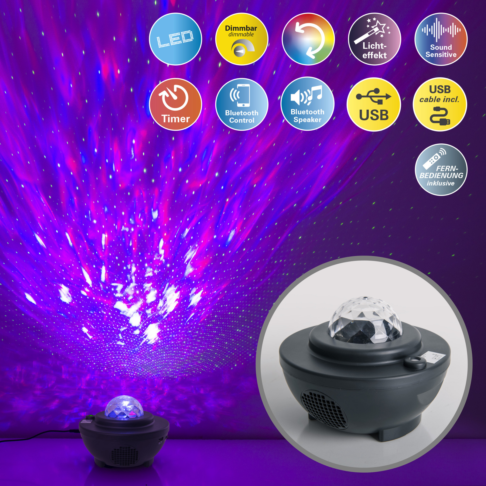 LED-Projektor GALAXY - mit Fernbedienung - Bluetooth-Lautsprecher