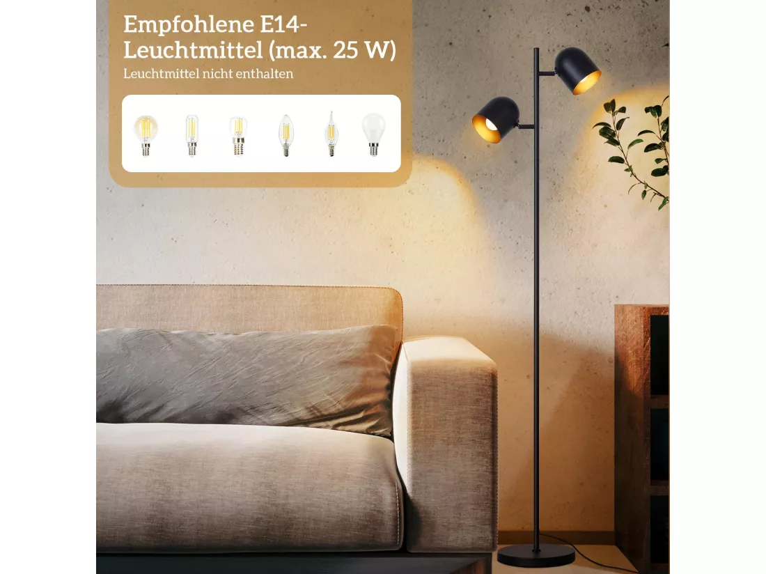 NETTLIFE Lampadaire 2 Ampoules Noir Doré Métal E14 Rétro Industriel Lampadaire