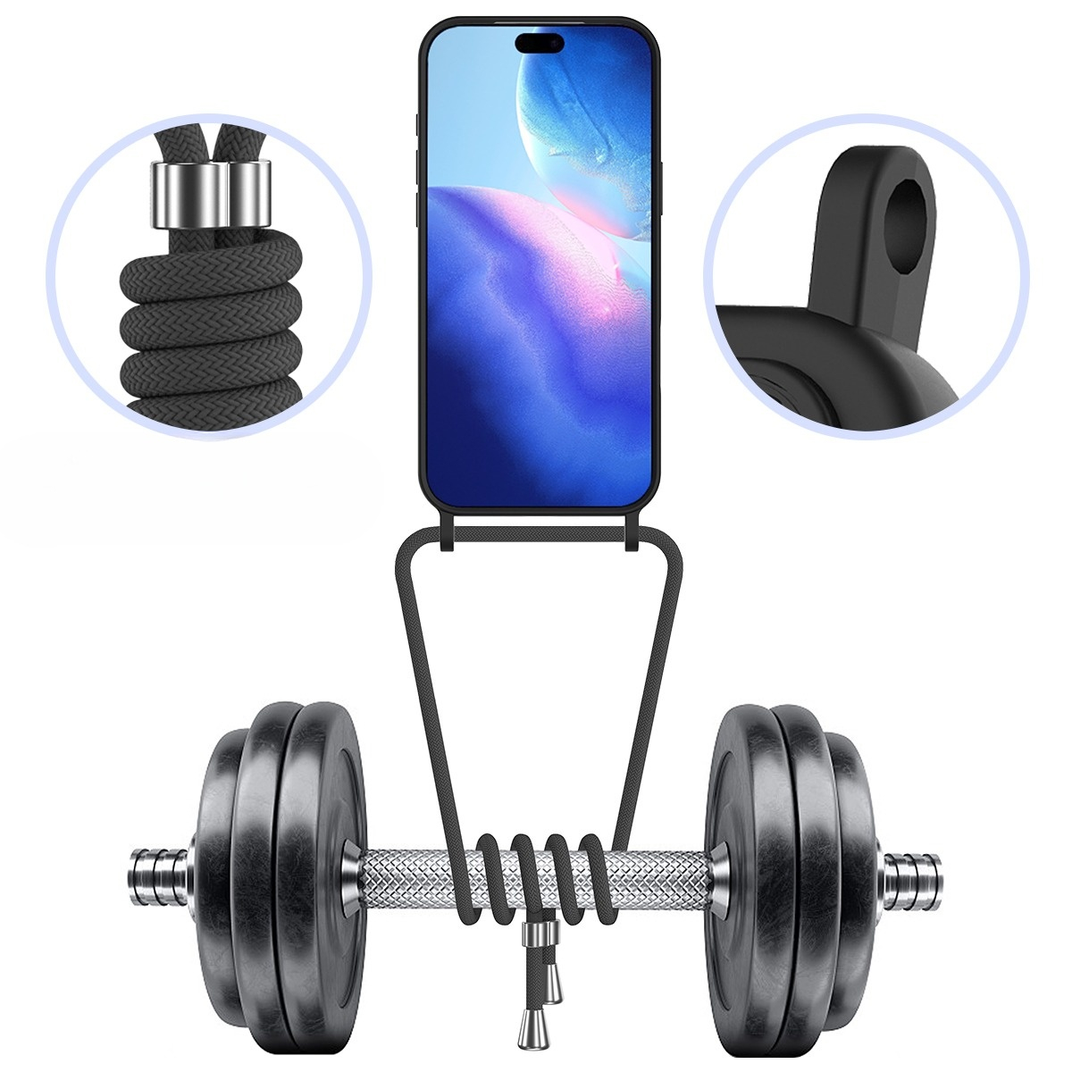 iPhone 17 Pro Necklace Silikon Hülle mit Kartenfach   Handykette (160cm) - Schwarz
