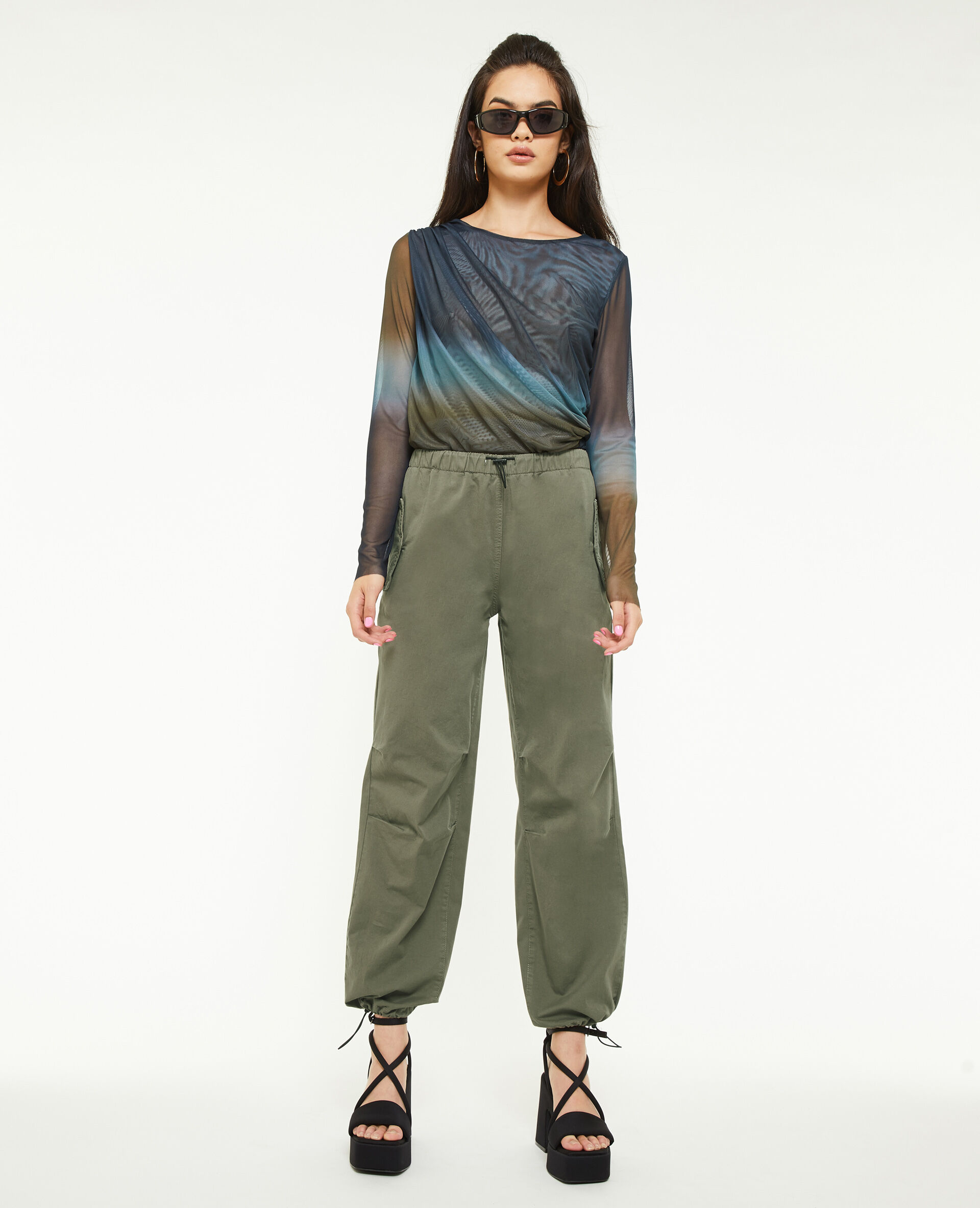 Pantalon parachute bas élastiqués - Vert kaki