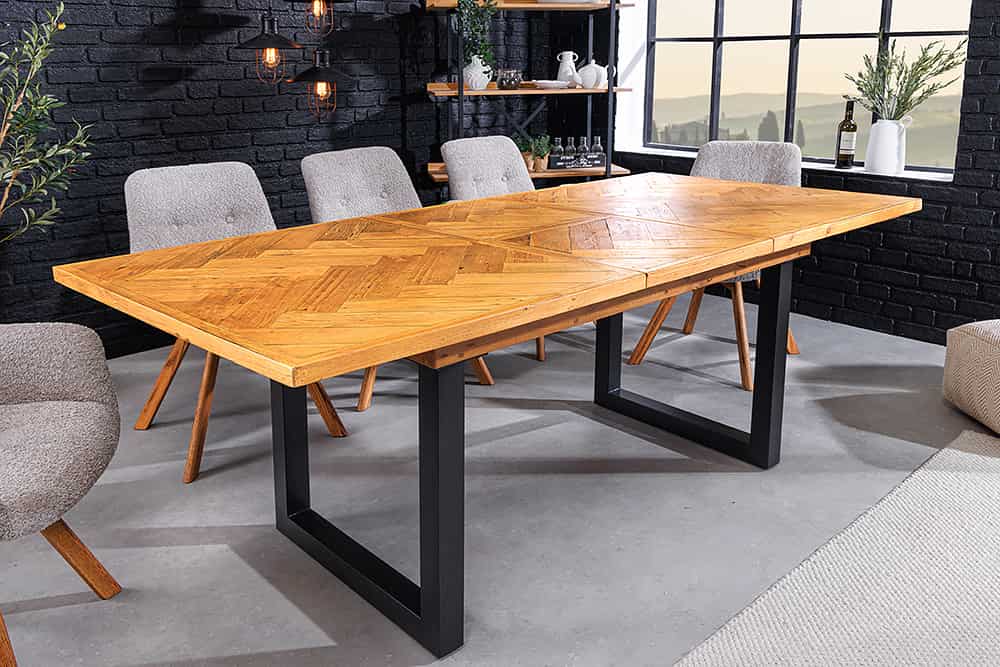 Ausziehbarer Esstisch MOSAIK 160-200cm braun Pinie recyceltes Massivholz Metall schwarz
