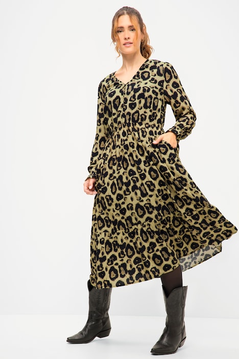 Midikleid, A-Line, Leo, V-Ausschnitt, elastische Taille, Langarm