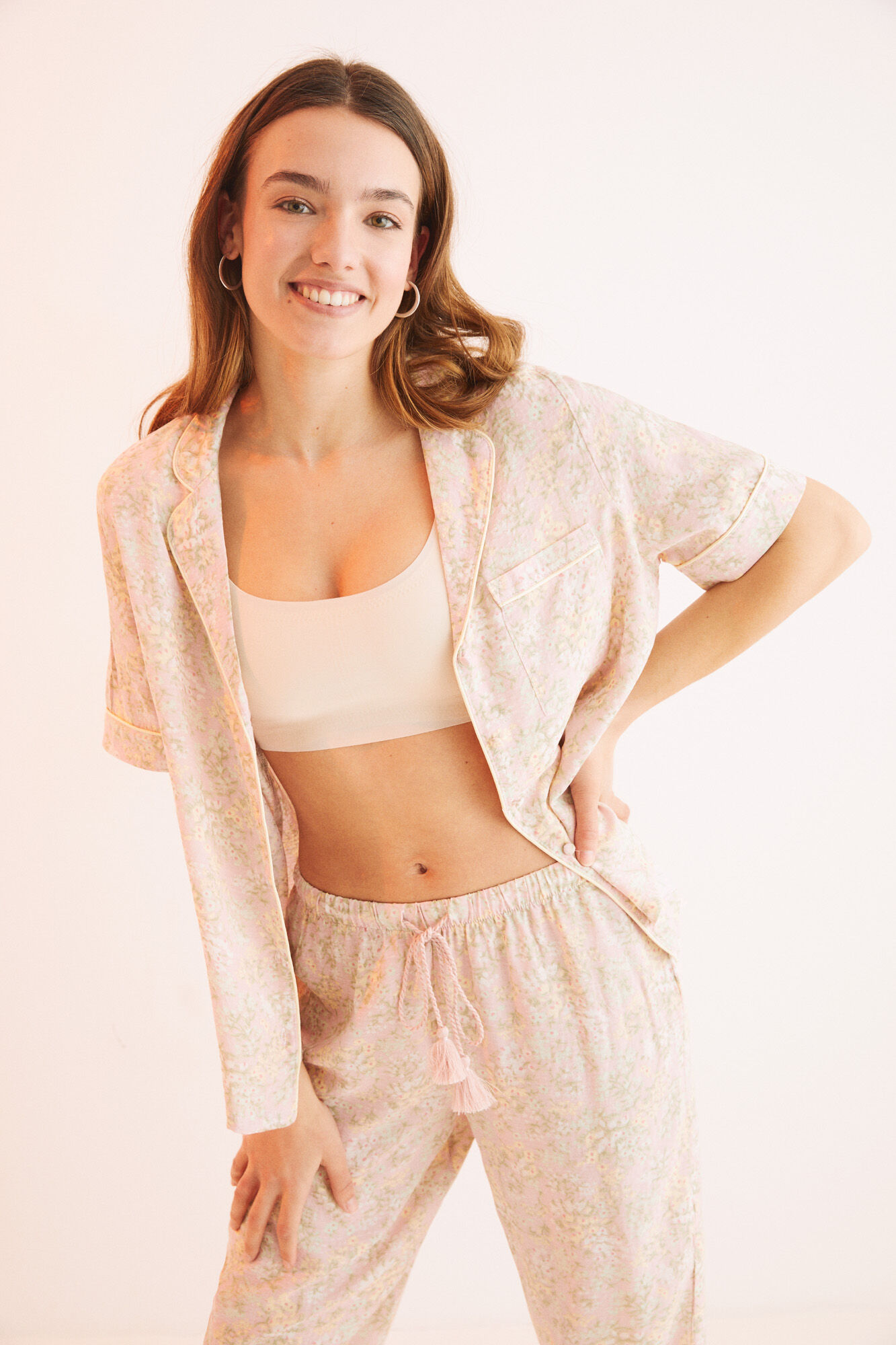 Pijama camisa floral rosa - rosa