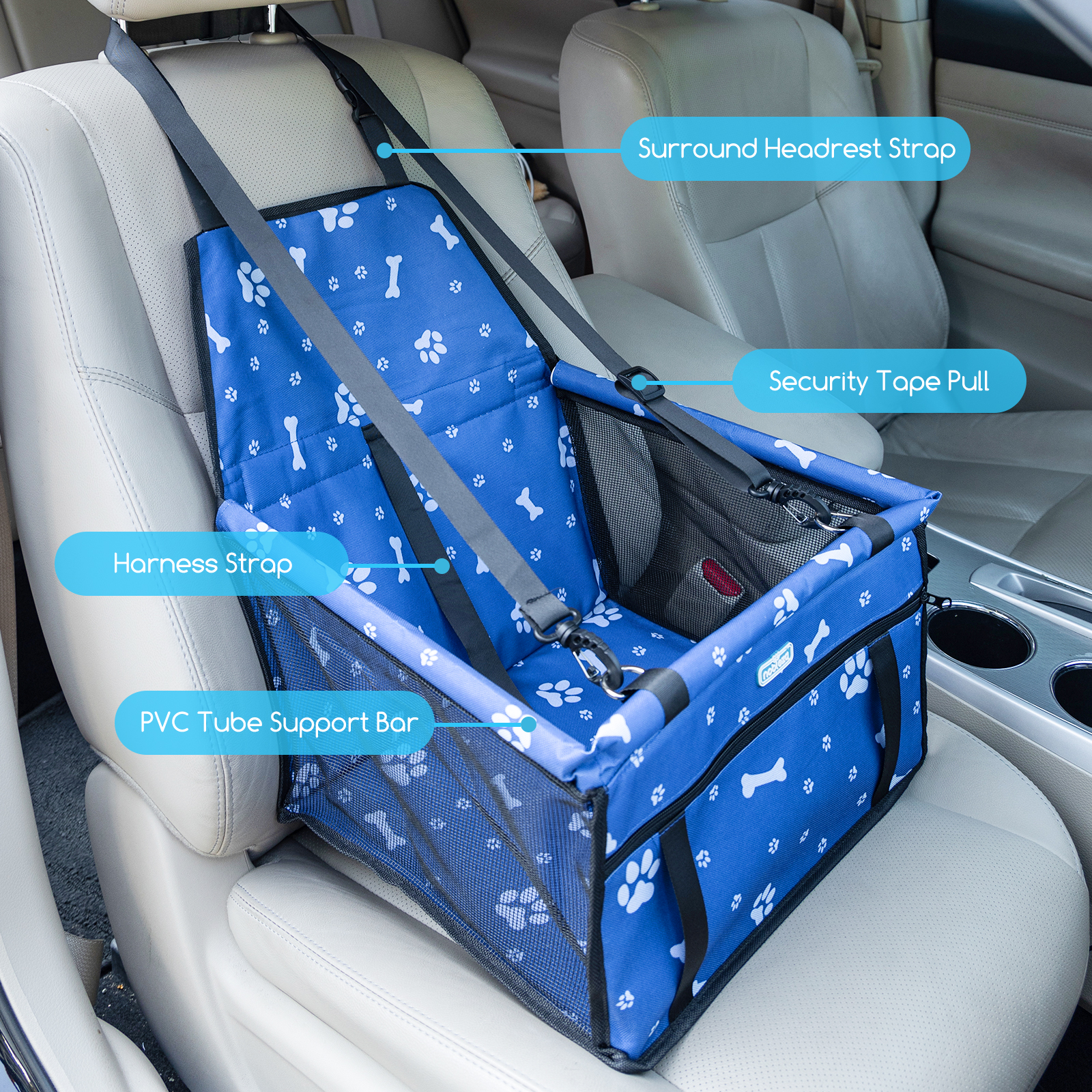 Nobleza - Reforço para Assento de Carro para Cães, Assento de Segurança para Animais de Estimação para Cães e Gatos, Bolsa de Viagem Dobrável e Lavável para Outros Animais de Pequeno Porte com Bolso com Zíper, 40 * 34 * 25 cm, Azul