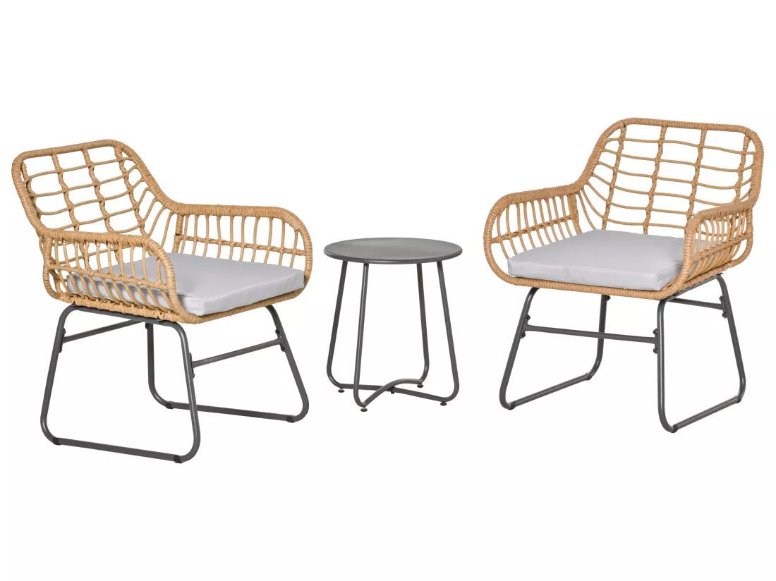 Outsunny Ensemble bistro de jardin 2 places 3 pièces style exotique 2 fauteuils + table basse résine tressée beige acier époxy gris