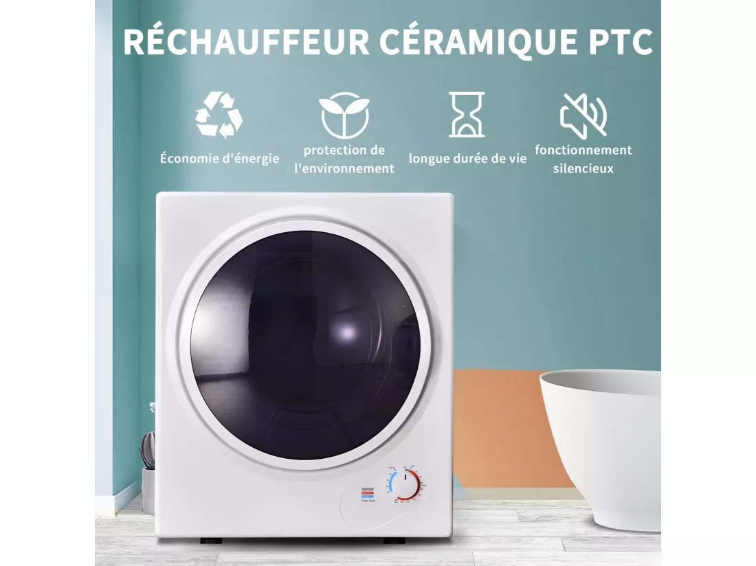 Sèche-linge hublot 2,5kg - chauffage en céramique PTC - avec protection de surchauffe - max 65 °C - accrochable au mur
