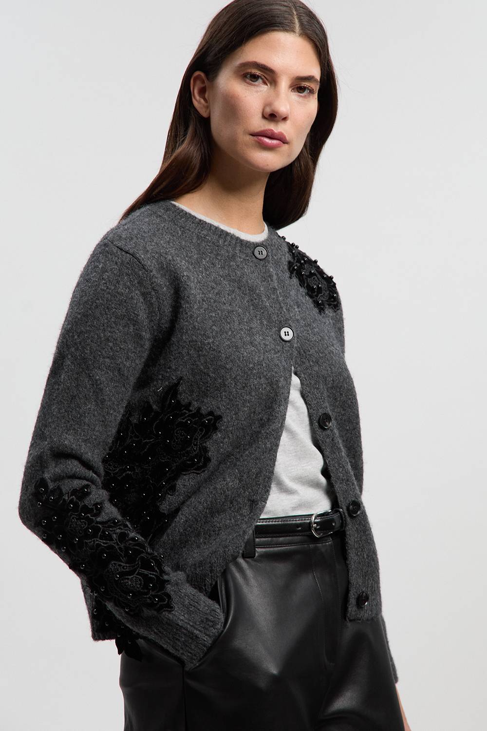 KarenMillen Cardigan Tricoté Douillet Orné de Dentelle