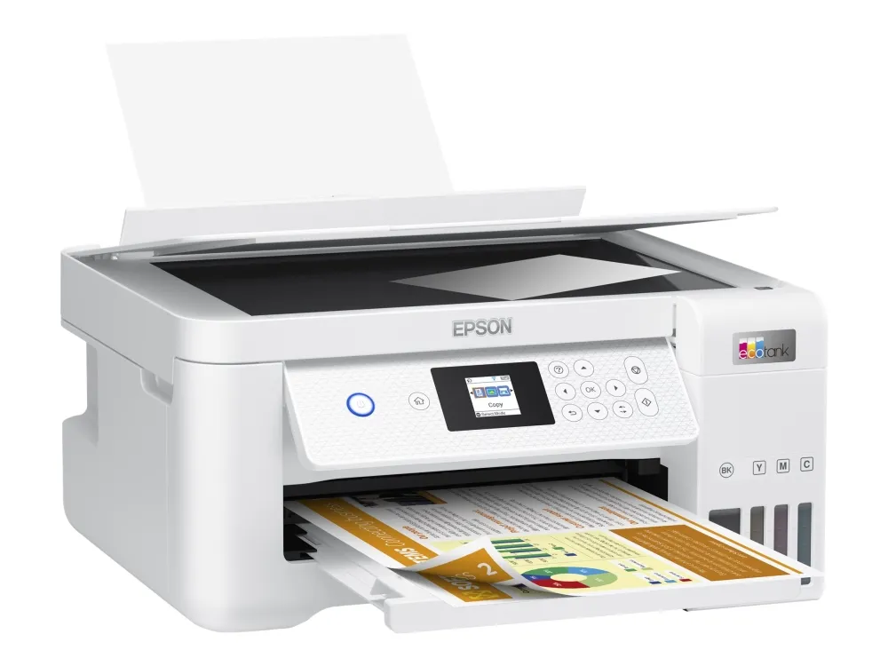 Epson EcoTank ET-2856 - Multifunktionsprinter - farve - blækprinter - kan genopfyldes - A4 (medie) - op til 10.5 spm (udskriver) - 100 ark - Wi-Fi, USB - hvid