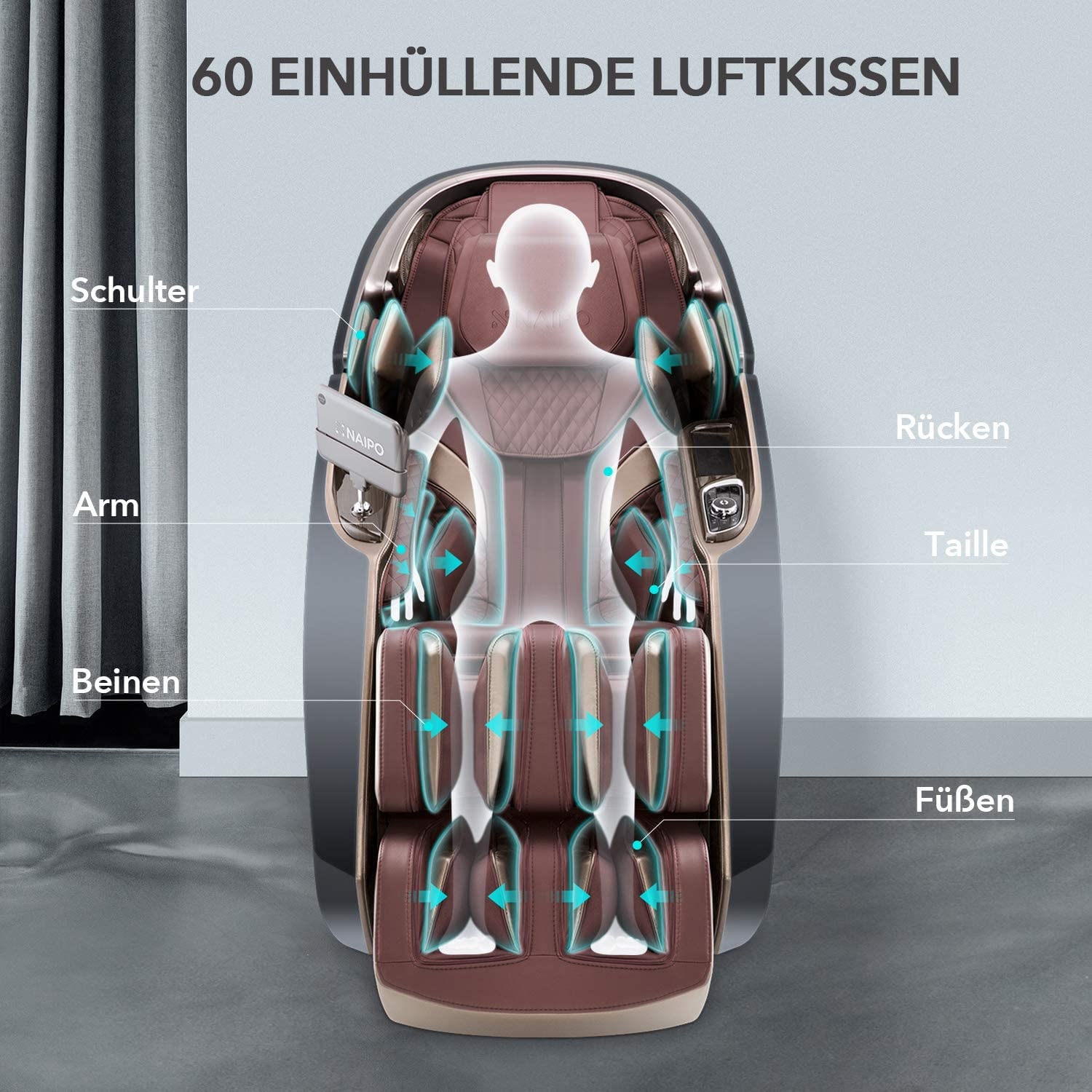 NAIPO Massagesessel mit Aufbauservice Shiatsu Massage Stuhl Zero Gravity für Ganzkörper, mit Heizung, LED, SL Track, Klopfen, Kneten, Luft-Massage-System, Bluetooth 3D Surround Sound Musik - MGC-8900BR