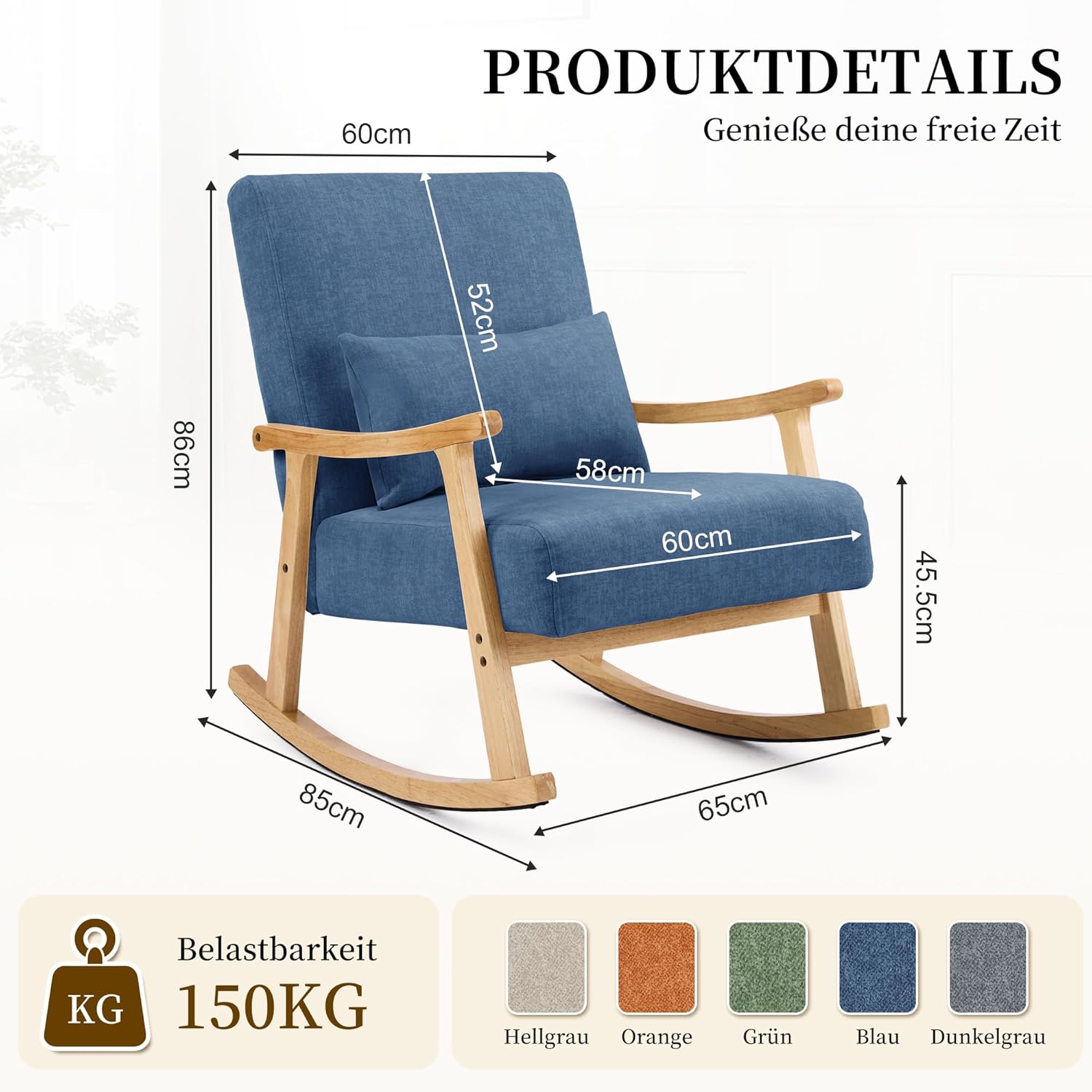 Mid-Century Modern Schaukelstuhl, Schaukelsessel mit Lendenkissen, Gepolsterter Stillsessel mit Holzarmlehnen & Holzbeinen, Bequemer Sessel für Wohnzimmer, Schlafzimmer & Babyzimmer, Blau
