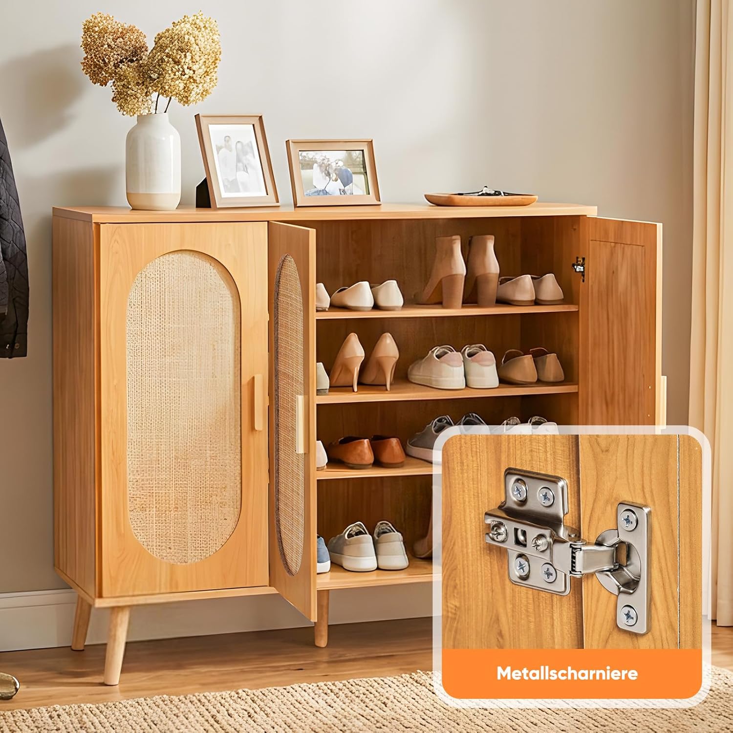 HOKEEPER Schuhschrank aus Holz, Schmaler Doppeltür (87x40x100cm),Shoe Cabinet, Schuhkipper für bis zu 24 Paar Schuhe, Schuhkommode mit Metallbeinen, Weiß & Braun, Flurschrank Schmal