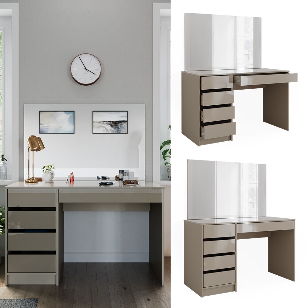 Vicco Schminktisch Sherry Greige Hochglanz 120 x 75 cm 5 Schubladen Spiegel
