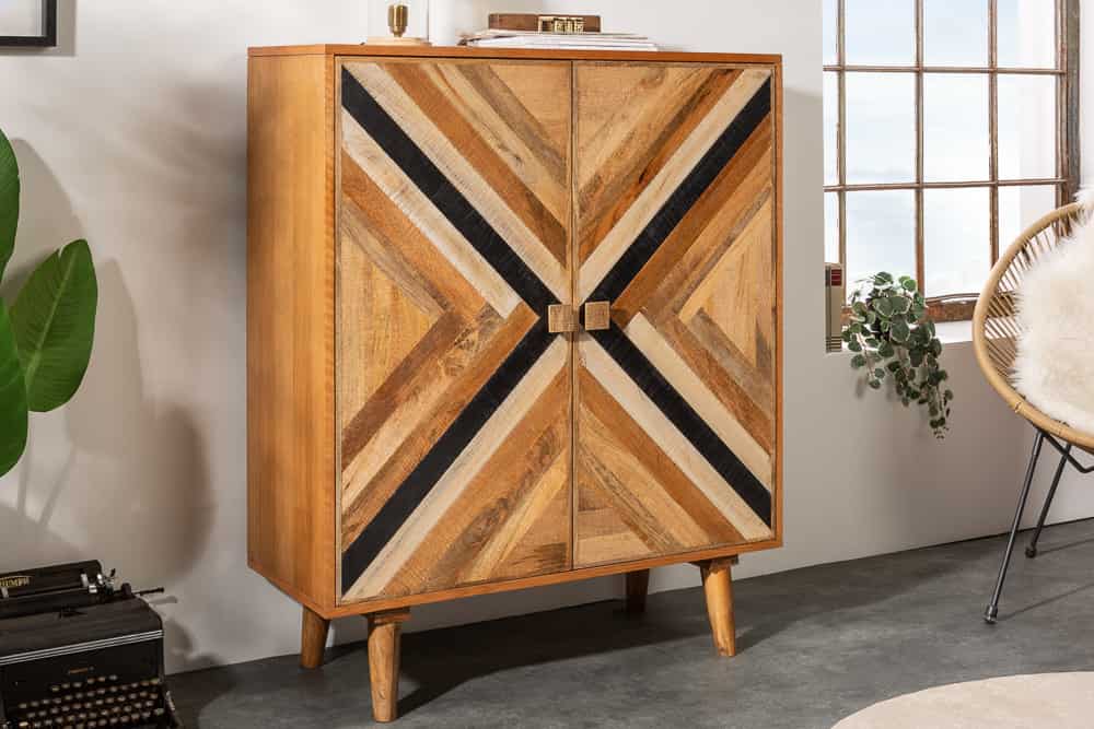 Massives Highboard LONG ISLAND 120cm Mangoholz mit aufwendiger Front