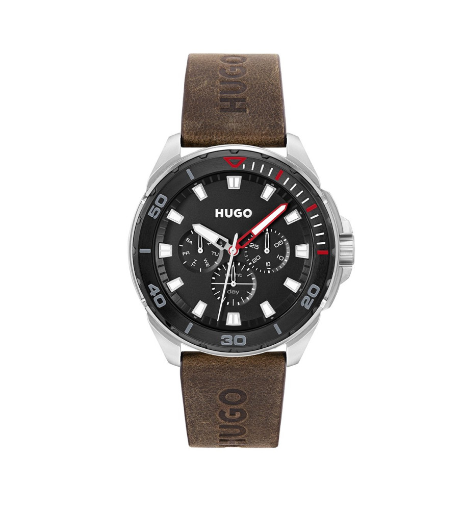 Relógio analógico HUGO com pulseira de couro sintético, preto.