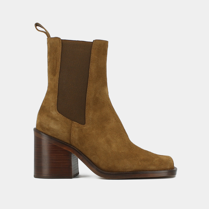 Boots à talons hauts et élastiques  en croute tabac