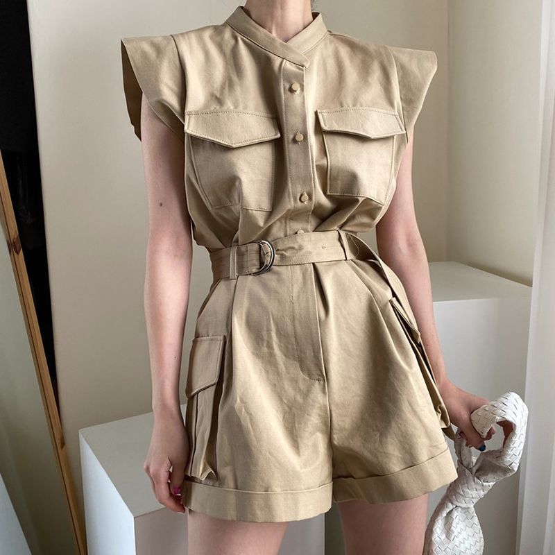 Coris - Cargo jumpsuit met opstaande kraag en taillestrik