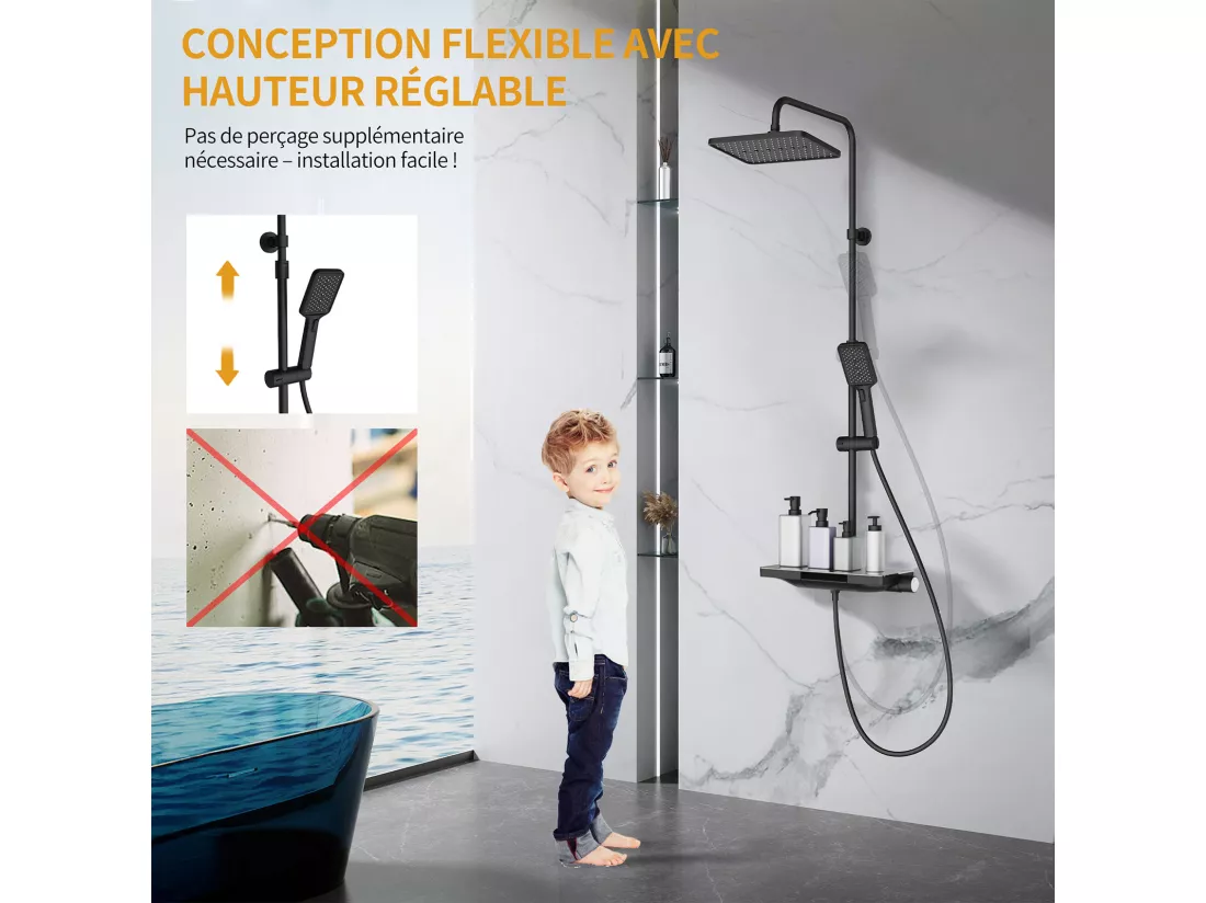 Colonne de Douche Thermostatique 38℃ avec Plateau de Rangement de 40 cm Ensemble de Douche Noir Comprend une Douche de Tête Surdimensionnée