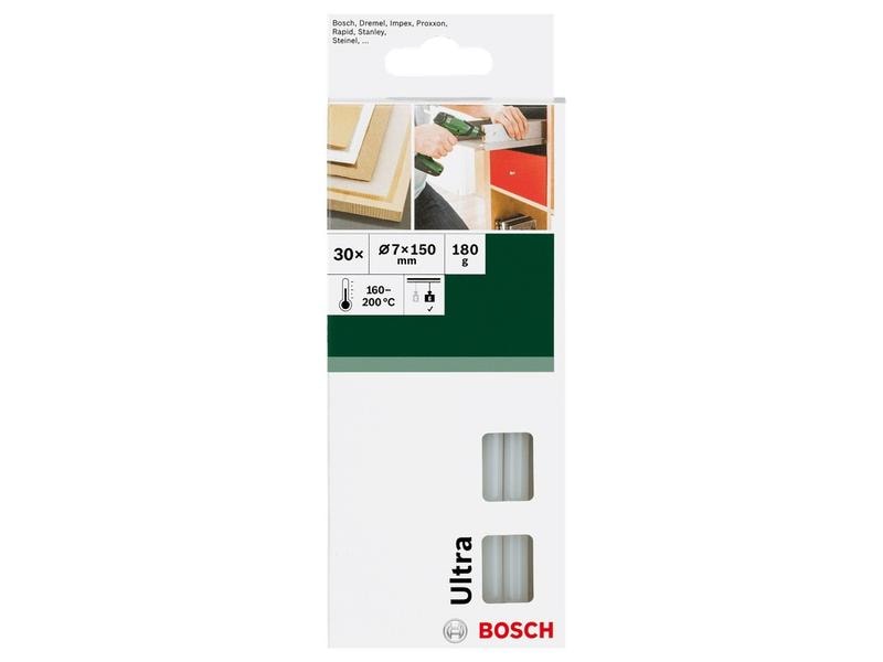 Bosch Schmelzkleber Ultra 7 mm, Transparent, 30 Stück Ultra Klebesticks mit 7 mm Durchmesser