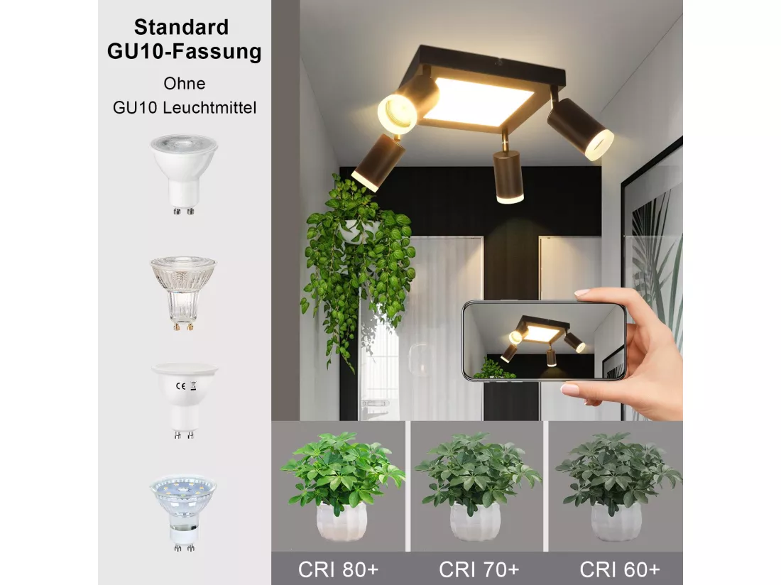 NETTLIFE Spot de plafond 4 ampoules GU10 3000k 20W lampe de cuisine noire blanc chaud lampe de couloir pivotante