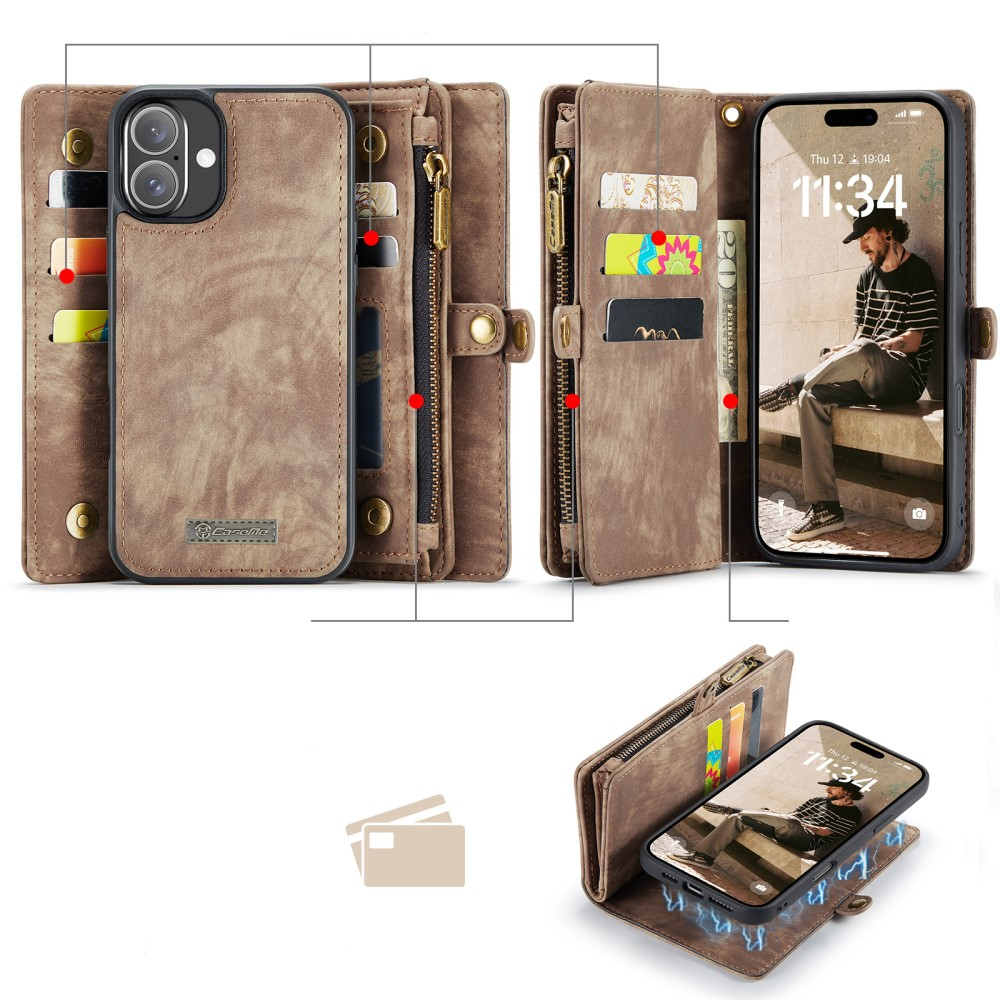 iPhone 16 2in1 Leder Tasche   Magnet Hardcase Karten Etui - Braun