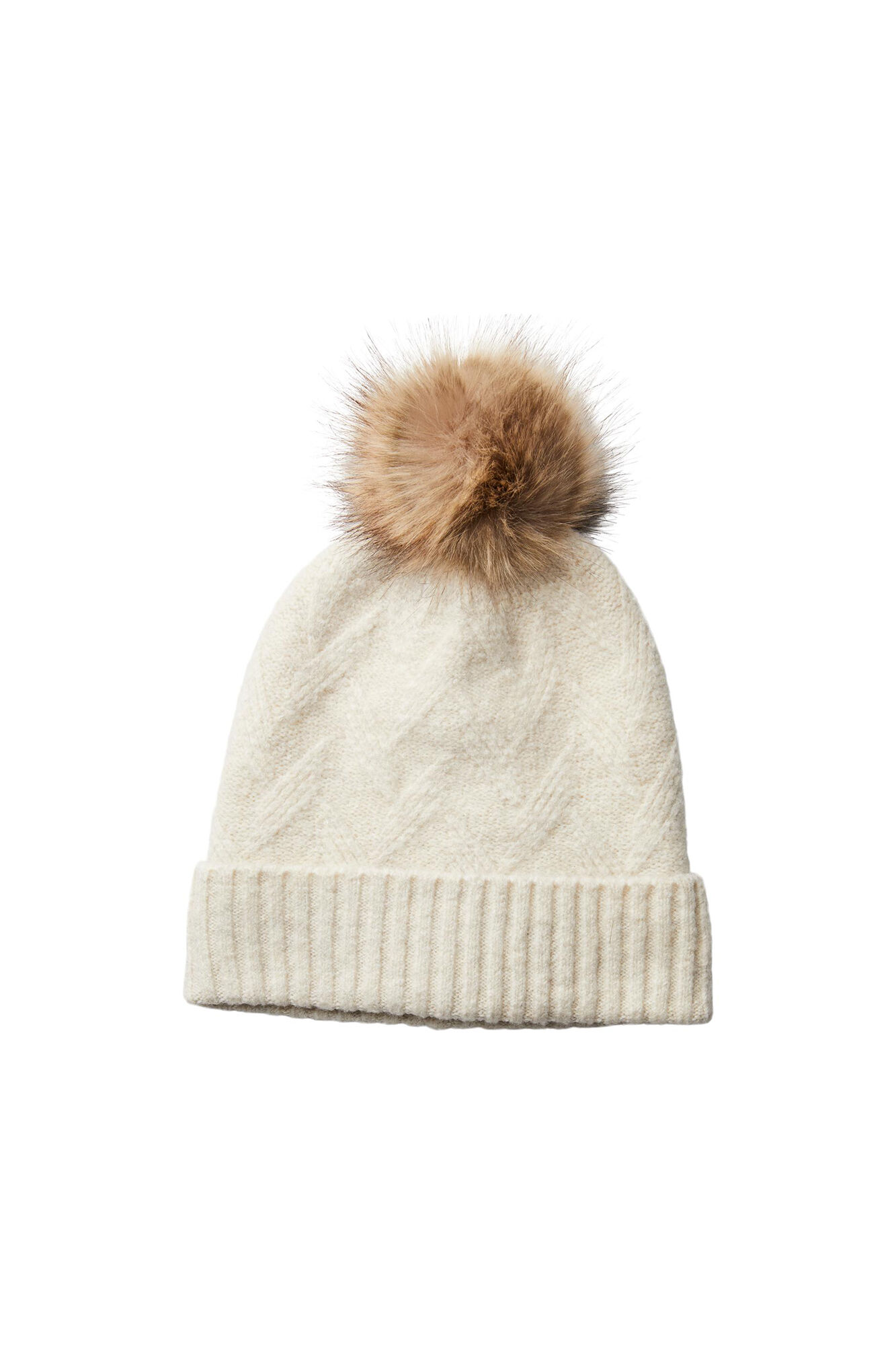 Gorro de tricô com detalhes estampados. Aba enrolada e textura macia. Contém um pompom.