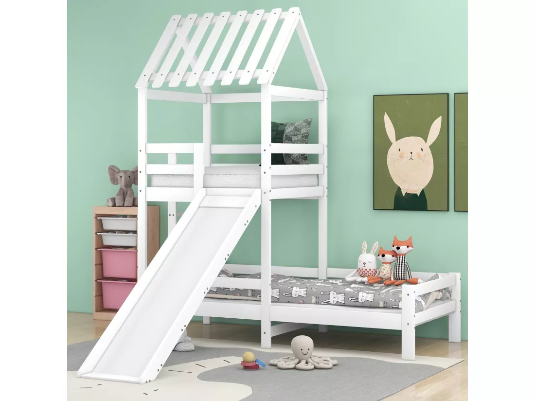 Lits superposés cabane 90x200cm et 90x100cm avec toboggan - Pin certifié FSC - Blanc