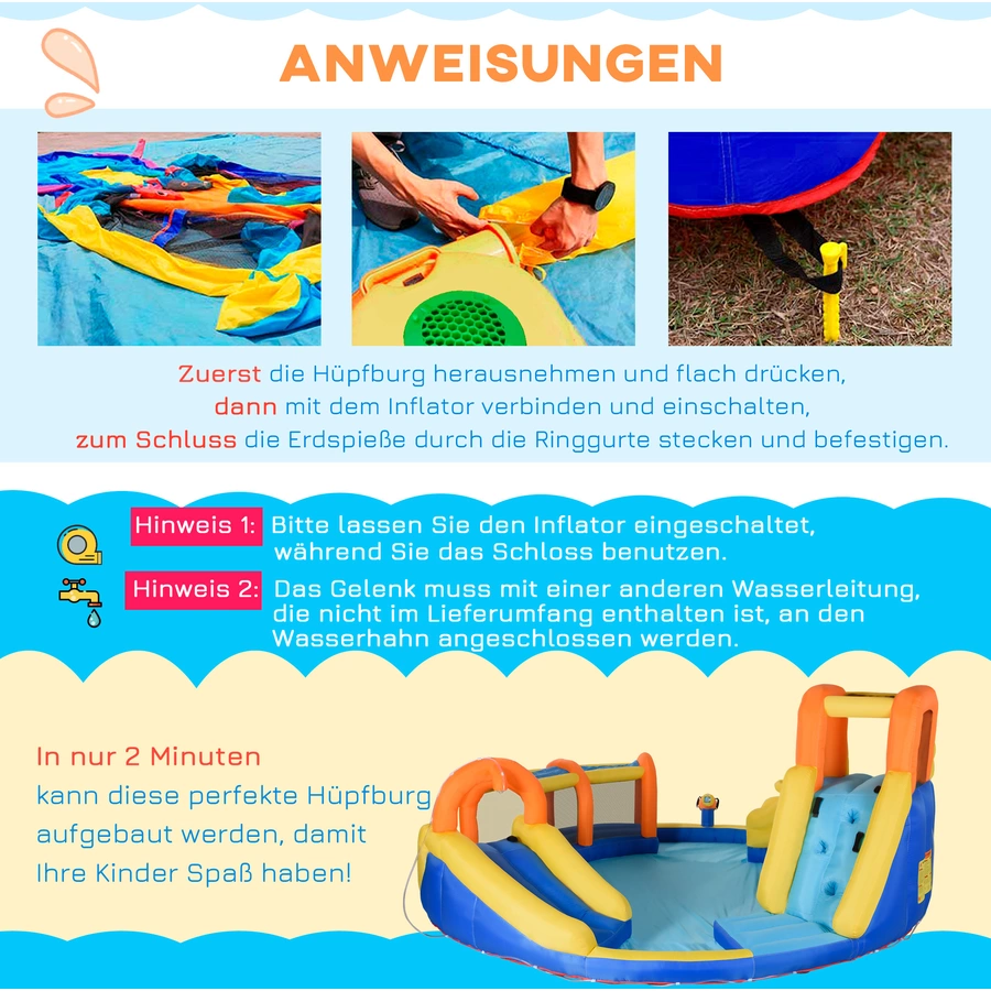 Outsunny Hüpfburg mit Rutsche, Kletterwand, Tunnel und Wasserbecken bunt